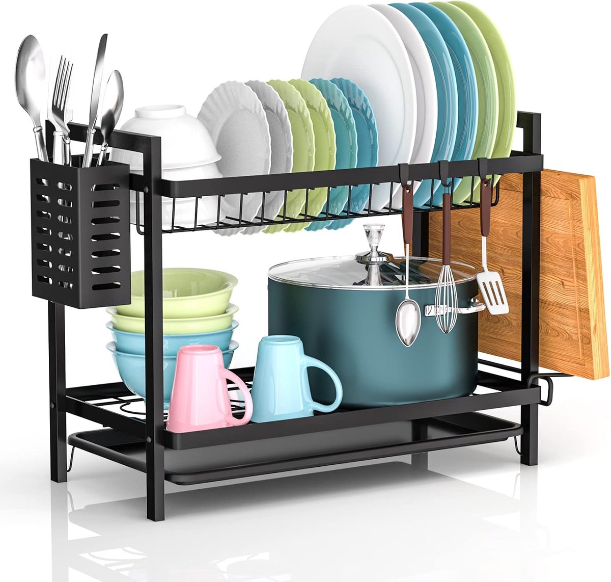 Afdruiprek van roestvrij staal, voor de keuken, multifunctioneel, afneembaar, 2 niveaus, afdruiprek voor spoelbak met lekbakken, bestekhouder