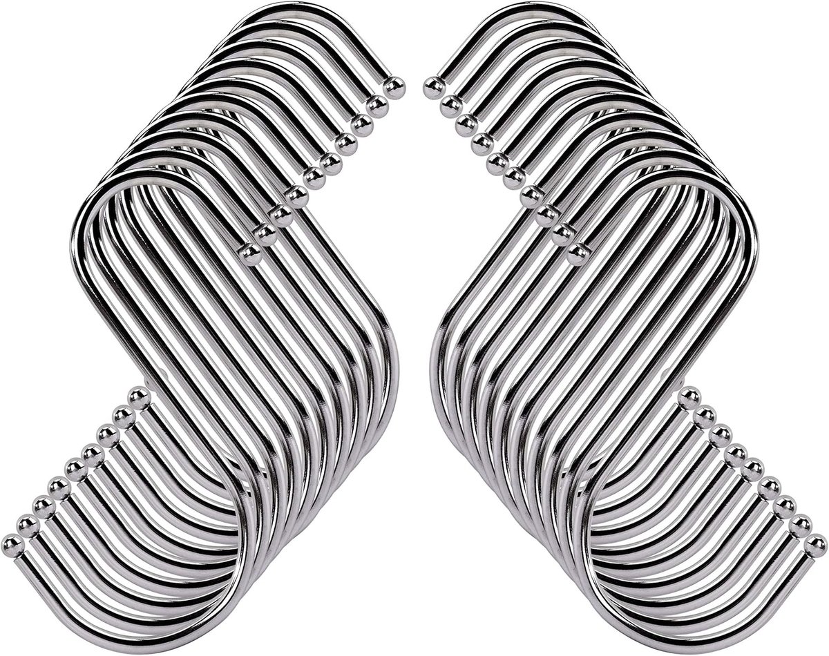 S-haken van roestvrij staal, 10 cm, om op te hangen, van metaal, met kogeluiteinden voor lepels, pannen, handdoeken, geschikt voor keuken, badkamer, kantoor, 20 stuks (zilver)
