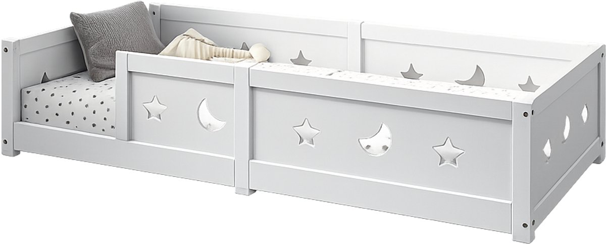 M-Goods Montessori Kinderbed Massief Grenenhout - Vloerbed met Valbeveiliging - Ster en Maan Design - Wit - 90x200 / 120x200 / 140x200 cm