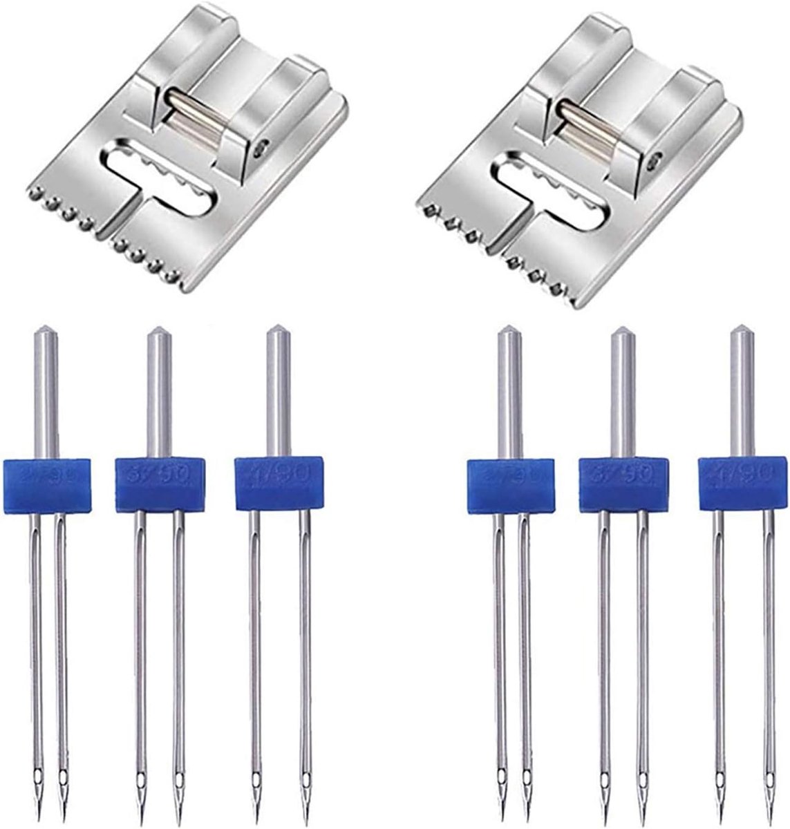 6 stuks dubbele naald dubbele dubbele naalden pinnen met 2 stuks 9 groef pintuck naaimachine accessoires voor huishoudelijke naaimachine, 3 maten gemengd 2/90, 3/90, 4/90