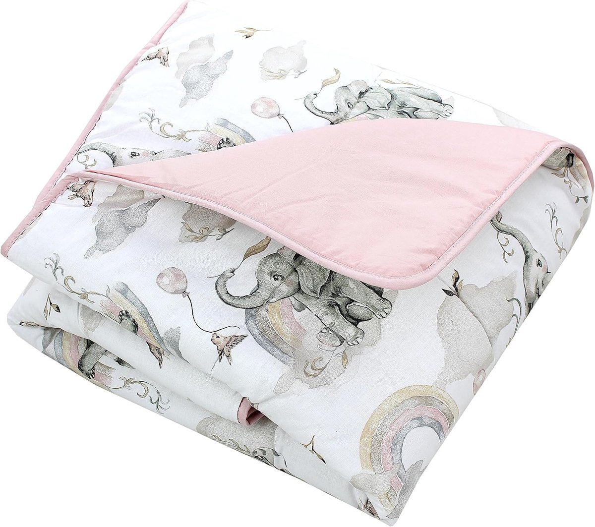 Speelkleed baby 120x120 cm – Gewatteerd, zacht, katoen, Olifant Regenbooggrijs Poederroze