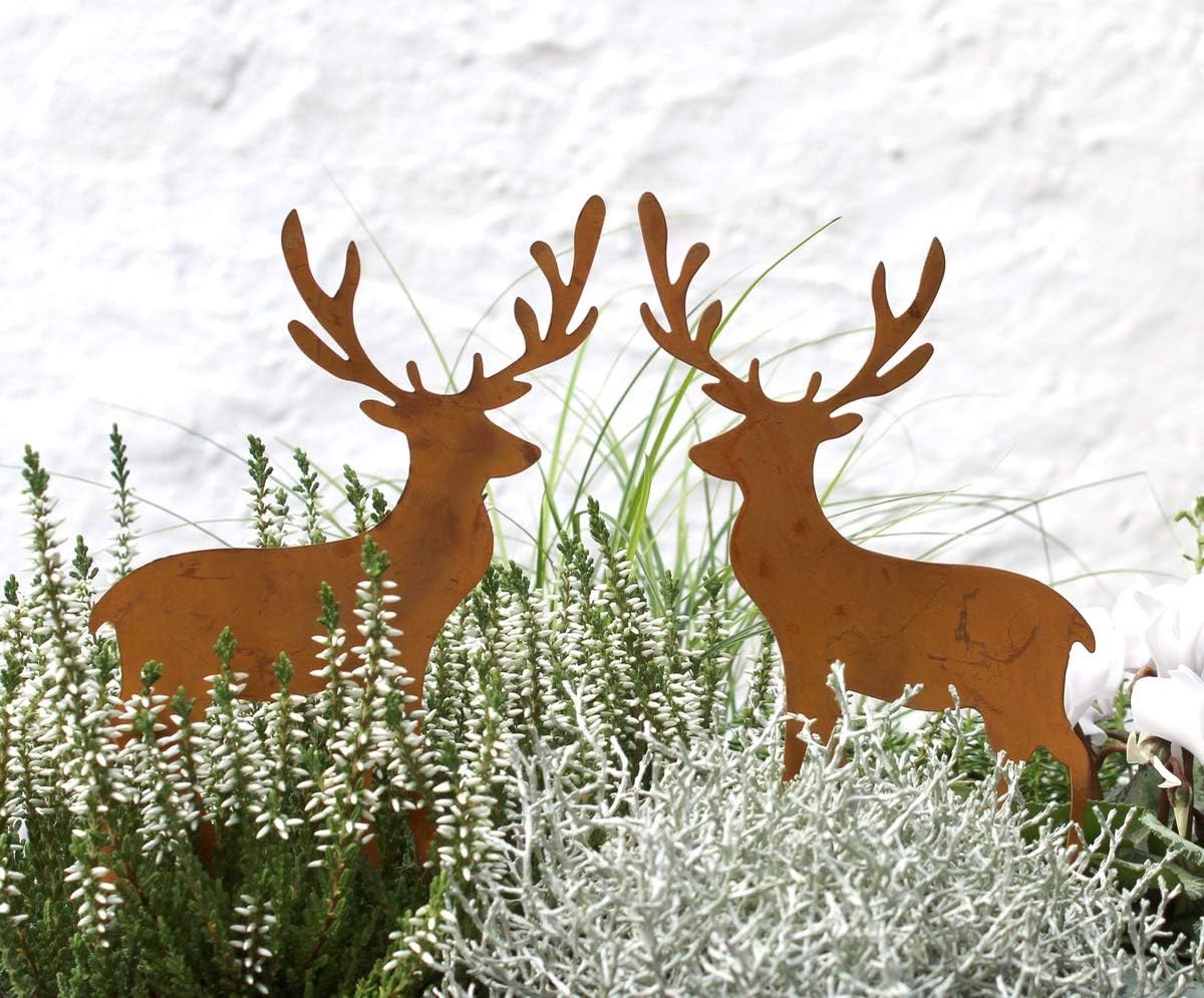 H&F Lilienburg set van 2 stuks herten kerstdecoratie tuinfiguur roeststeker kerst roest metaal weerbestendig (hertenset - Gr)