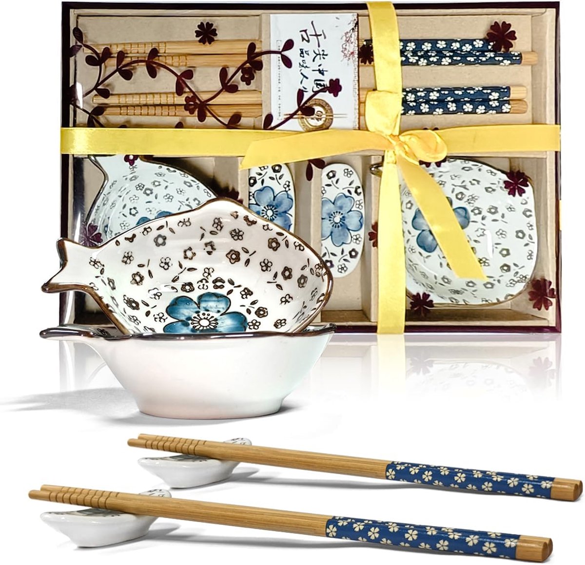 Sushi servies voor 2 personen, 6 stuks, keramiek, dipschalenset, visvorm, pruimenbloesem, patroon, sushi-serveerset, perfect als cadeau voor koppels of verjaardagen