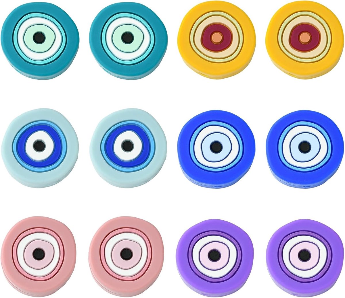 12 stks 6 Kleuren Platte Ronde Siliconen Focal Kralen Boze Oog Spacer Kralen Disc Munt Kralen voor DIY Sleutelhanger Lanyard Kralen Pen Sieraden Maken