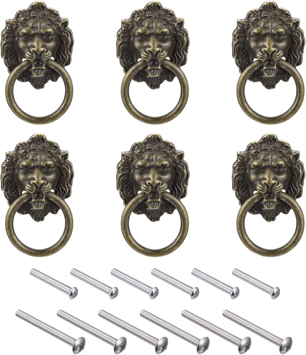 sourcing map 6 stuks leeuwenlade lade 1,57 inch x 1,97 inch leeuw kop ritsen knop ring lade lades met schroeven voor commode kast keuken kast (brons)