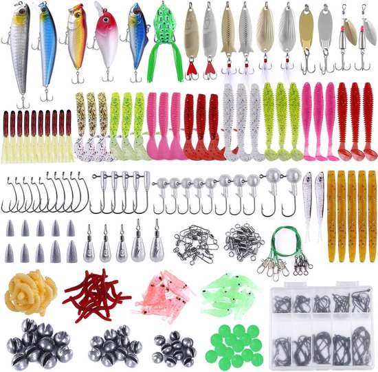 Visaas aas visgerei inclusief crankbaits, spinnerbaits, plastic wormen, mallen, topwater kunstaas, visgerei doos en meer visgerei kunstaas kit set, 102/302 stuks vissen lokken visgerei — afbeelding 5