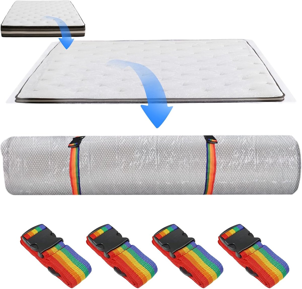 Mattress Vacuum Bag 130 x 210 cm - Transparante Opbergzak - 4 Kleurrijke Straps - Ideaal voor Verhuizing - SnelShoppen