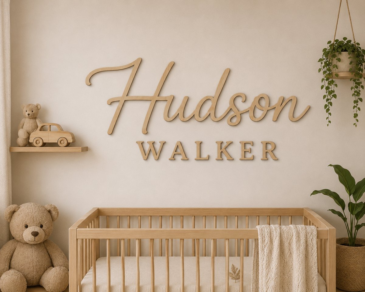 Gepersonaliseerde Houten Naam Muurdecoratie Babykamer – 60 x 40 cm – Voornaam & Achternaam – 5 mm Multiplex – Natuurlijk Hout/ baby