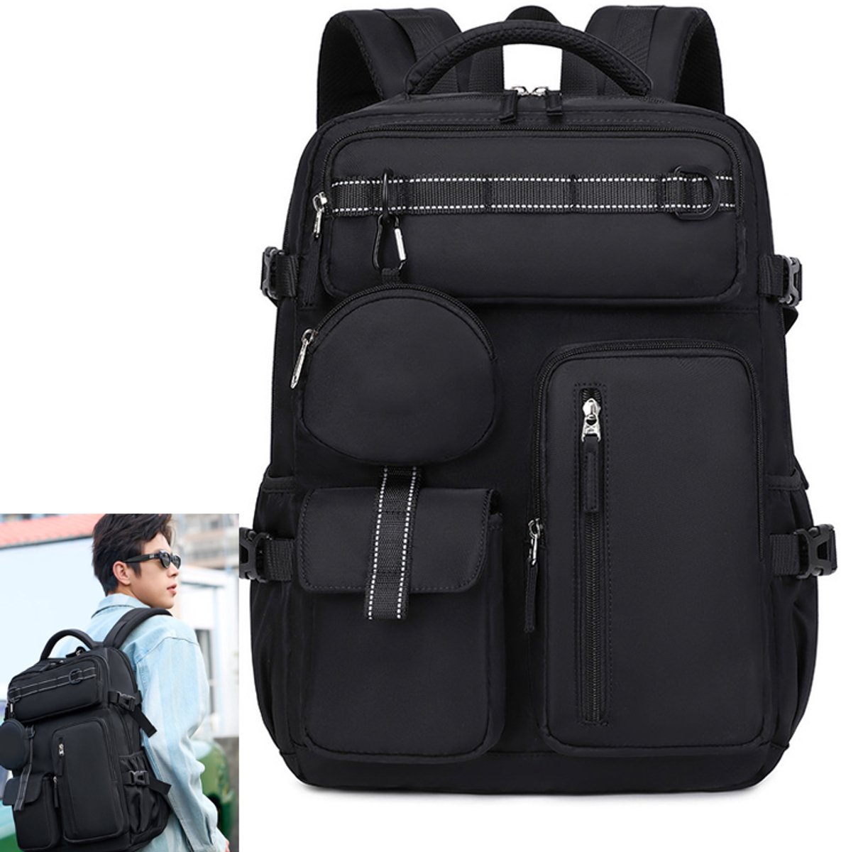 KZQ Grote studenten rugzak met schoenenvak en laptopcompartiment - 15.6 inch schooltas met meerdere vakken en muntenzakje - Zwart