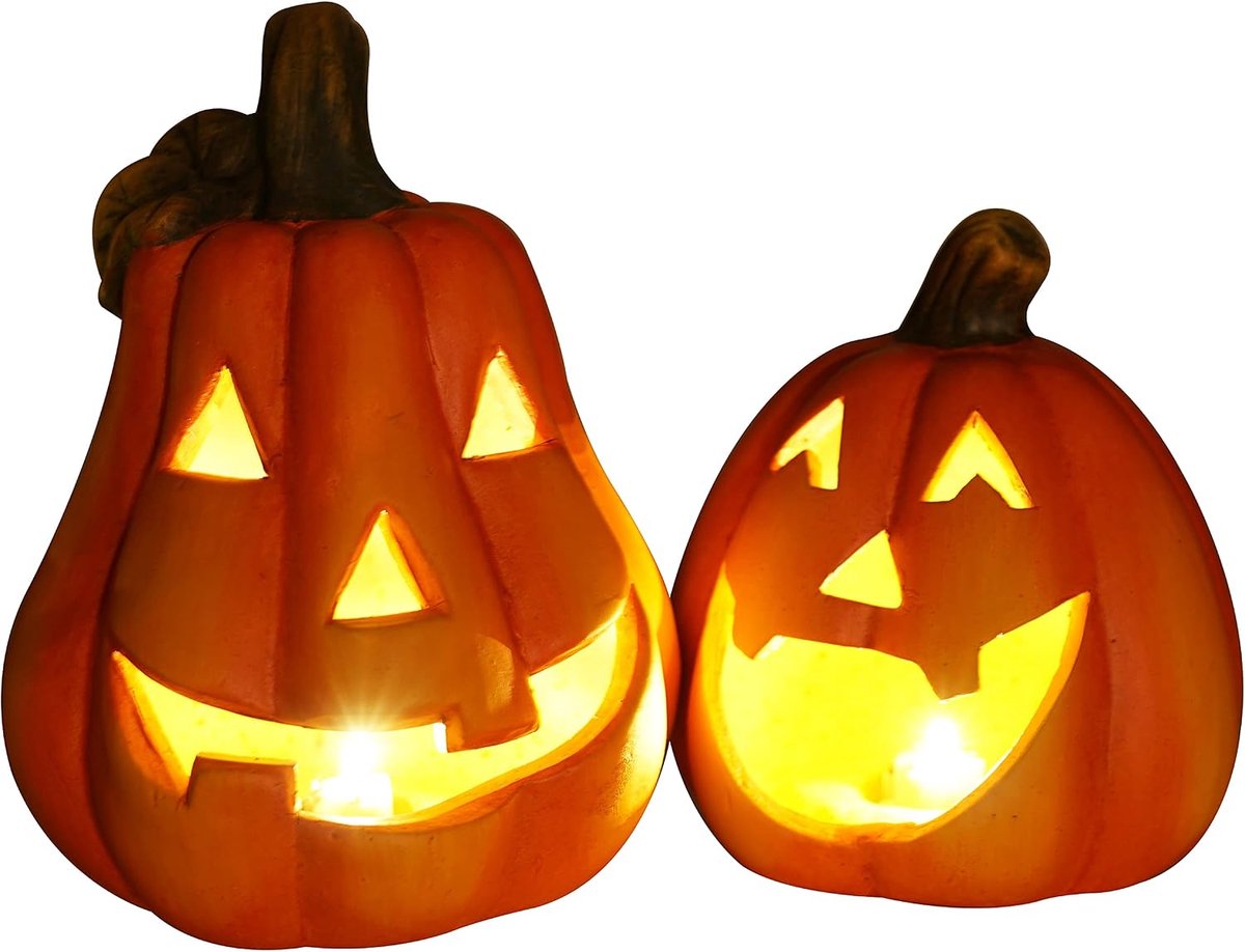 khevga Pompoen decoratie keramiek: windlicht herfstdecoratie in set van 2 Halloween decoratie verlichte led (met led)