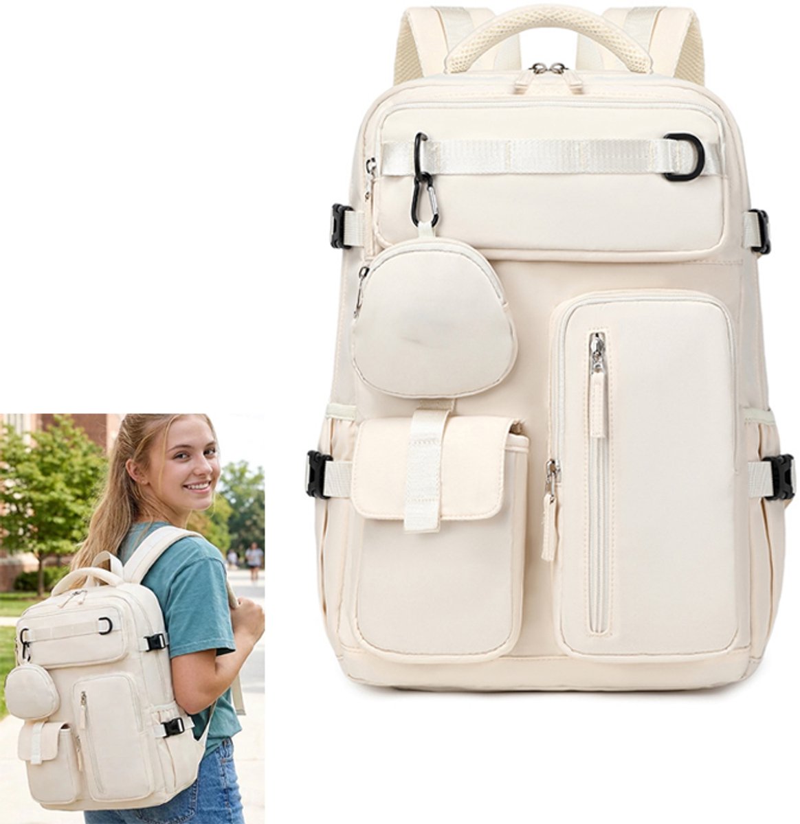 KZQ Grote studenten rugzak met schoenenvak en laptopcompartiment - 15.6 inch schooltas met meerdere vakken en muntenzakje - Beige