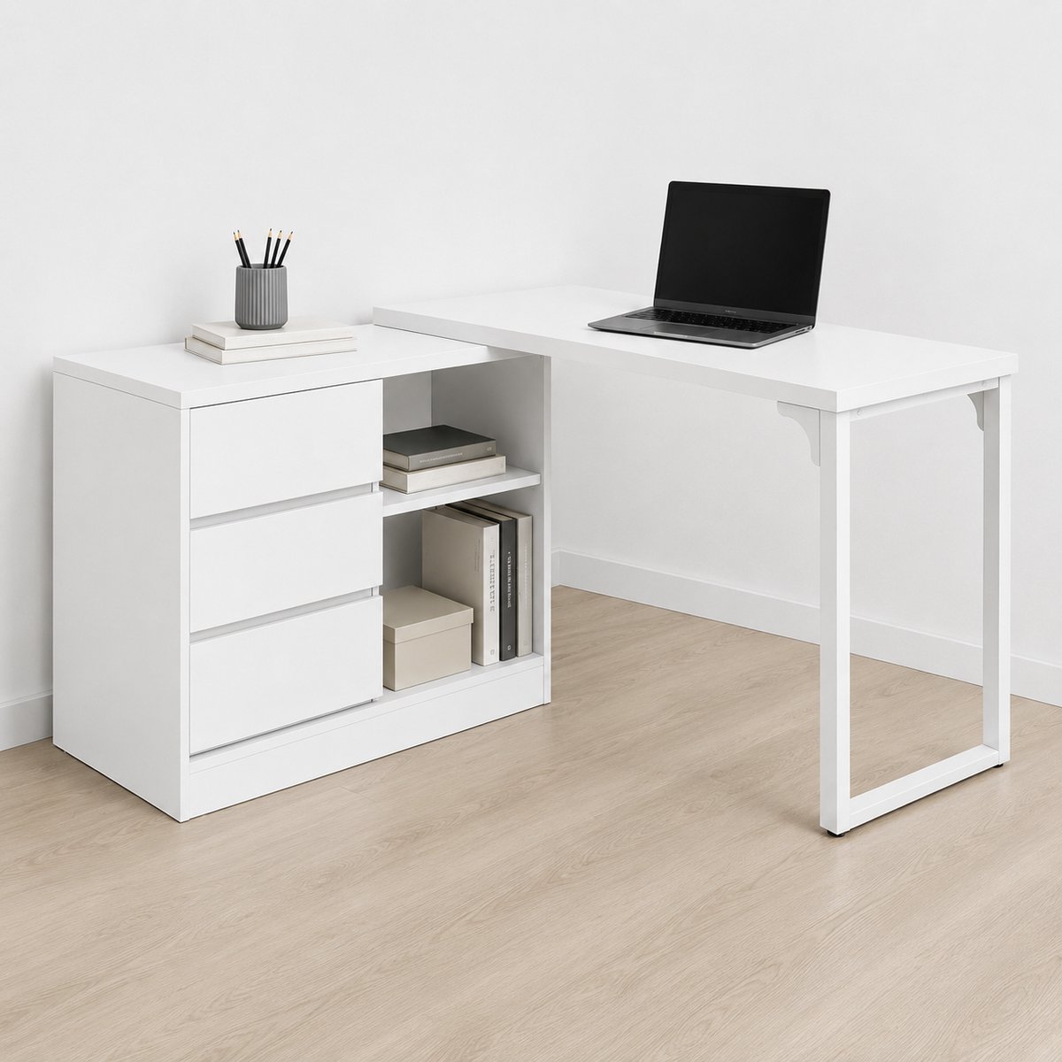 DMG Supply Hoekbureau - L-vorm - 3 Laden en 2 Open Vakken - 100 x 80 x 75 cm - Wit met Metalen Frame