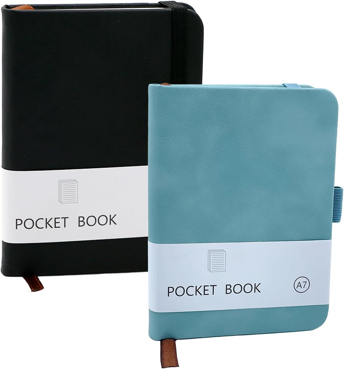 2 stuks notitieboek, klein, A7, zaknotitieboek met elastische sluiting, mini-notitieboeken met penhouder, vakken, dagboek, notitieblok voor school, kantoorwerk (zwart, blauw)