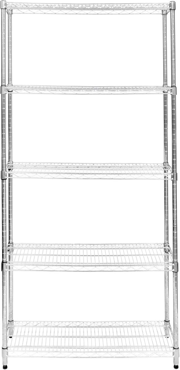 5-laags Metalen Opbergunit Zwaar Belastbaar Vrijstaand Boutloos Hoogte Verstelbare Planken & Nivellerende Voeten Keuken Kantoor Garage Zilver Chroom 1000 kg draagvermogen 45cm x 90cm x 180cm