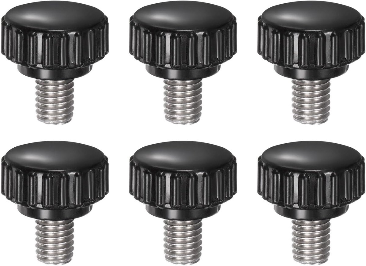 6 stuks spangrepen, gekarteld M8 x 10 mm, metrisch 304 roestvrij staal buitendraad, gekartelde kopschroef 22 mm, handgrepen, schroefdraadbouten, ronde kop, kunststof zwart