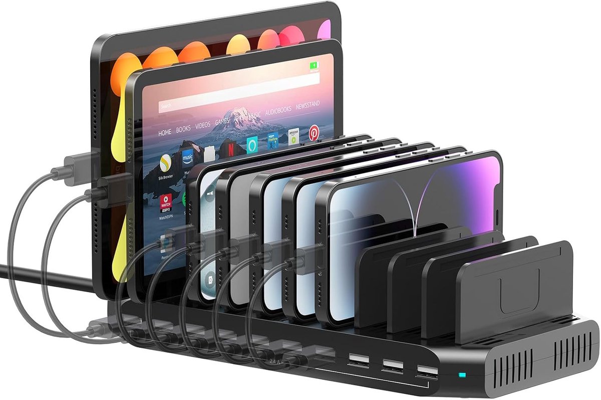 Multi-laadstation met 10 poorten, 60 W laadstation voor meerdere apparaten, USB-oplader voor meerdere apparaten met verstelbare scheidingswanden, compatibel met tablets, smartphones