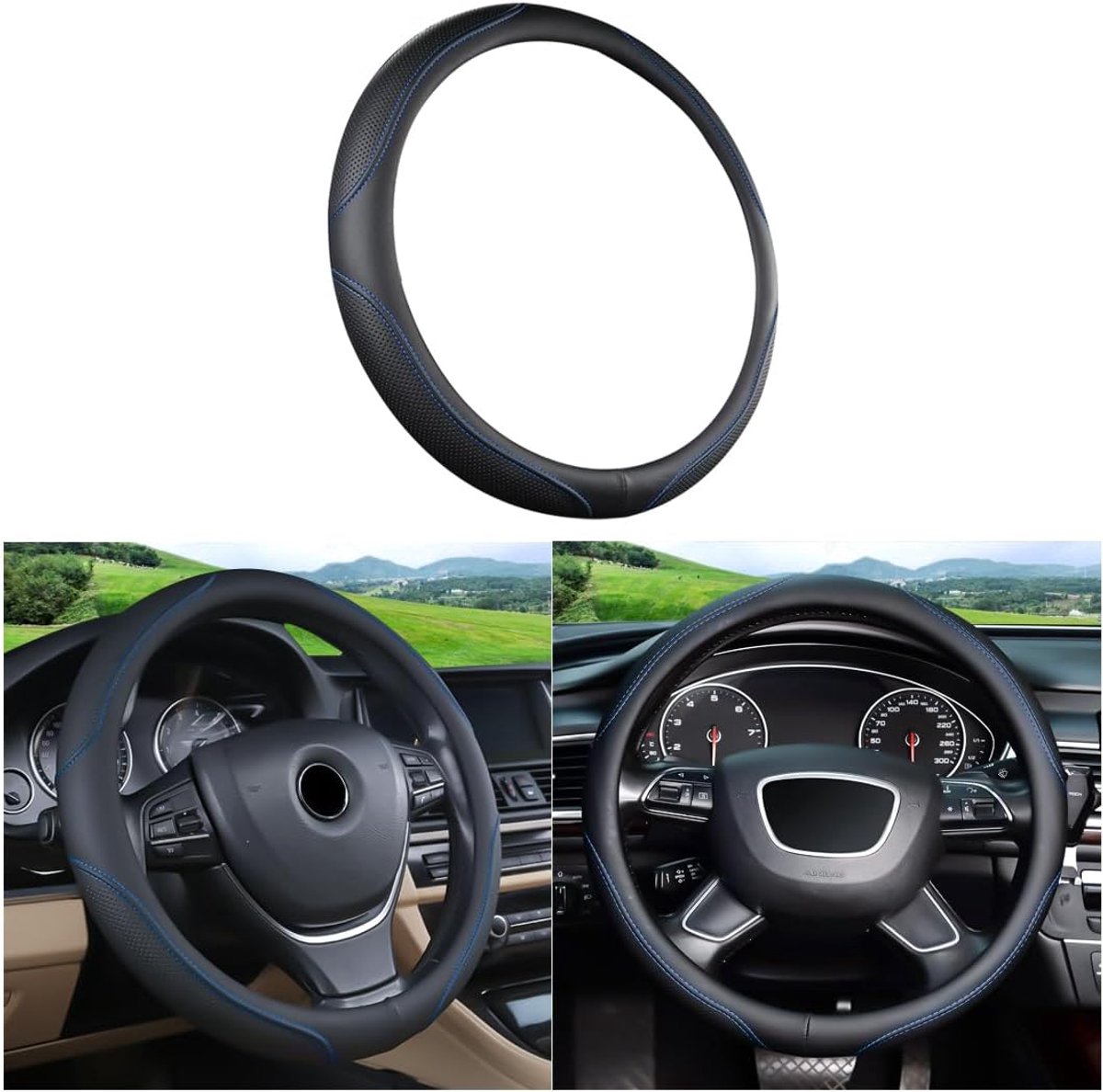 Autostuurhoes, leren stuurhoes, 37-38 cm, antislip, ademend, duurzaam, universele bescherming voor stuurwielen, voor de meeste vrachtwagens (blauwe lijn)