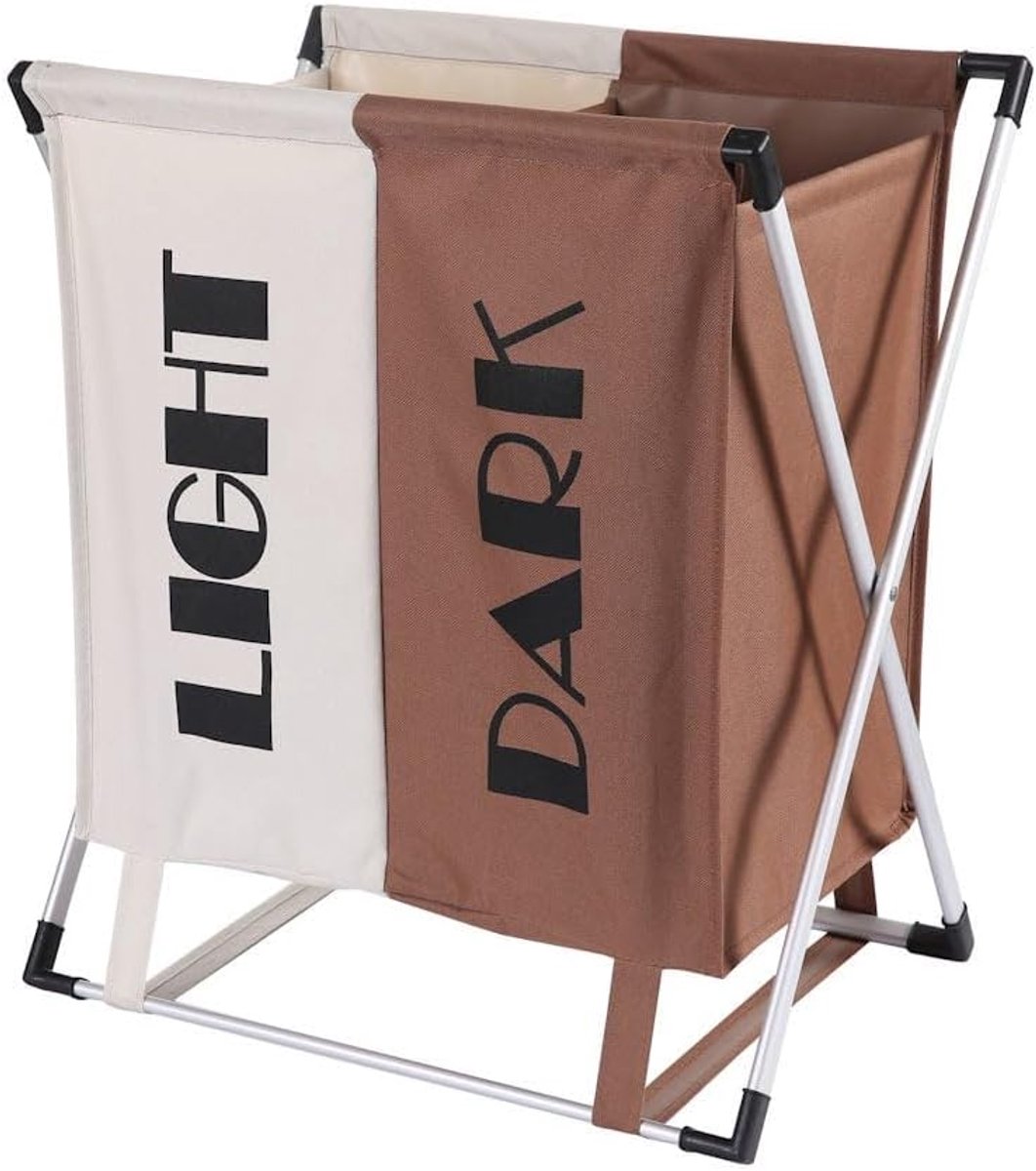 2 Vakken voor Donkere & Lichte was - 60 Liter - Opvouwbaar frame -Wasmand 2 Vakken - Badkamer Wassorteerder met 2 vakken - Waszak om was te sorteren op kleur - Wasmand met 2 vakken -