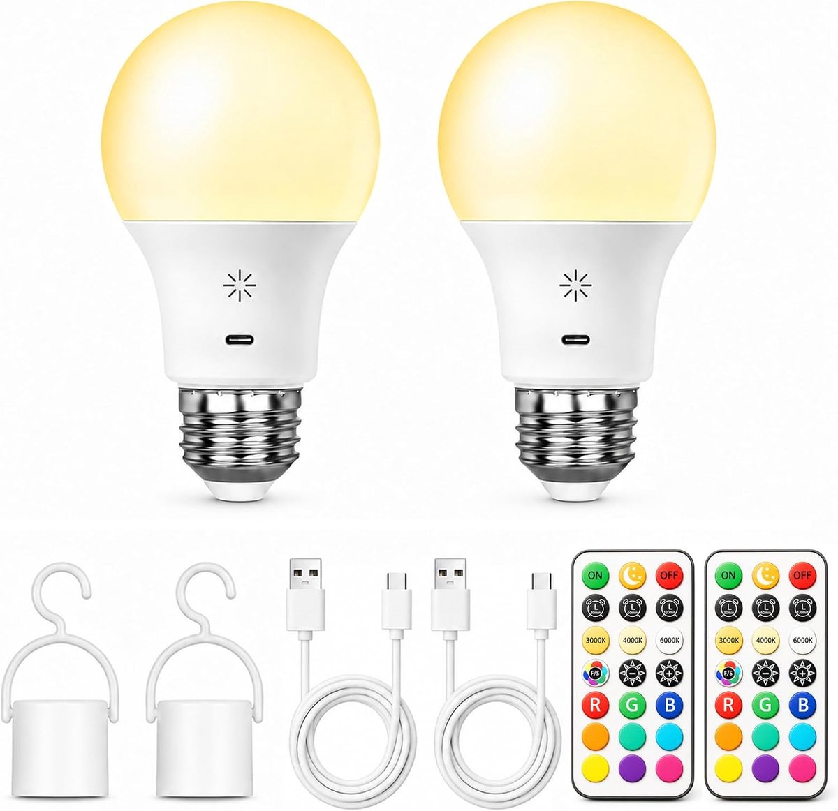 Gloeilamp, 2600mAh Batterij, Afstandsbediening & Touch, 2 Stuk | E27, Accu, LED, USB-C, Dimbaar, 8W 800LM, 3 Kleurstanden, 9 RGB-Kleuren & 2 Modi, 3 Timers, Haak, voor Lamp zonder Stroom