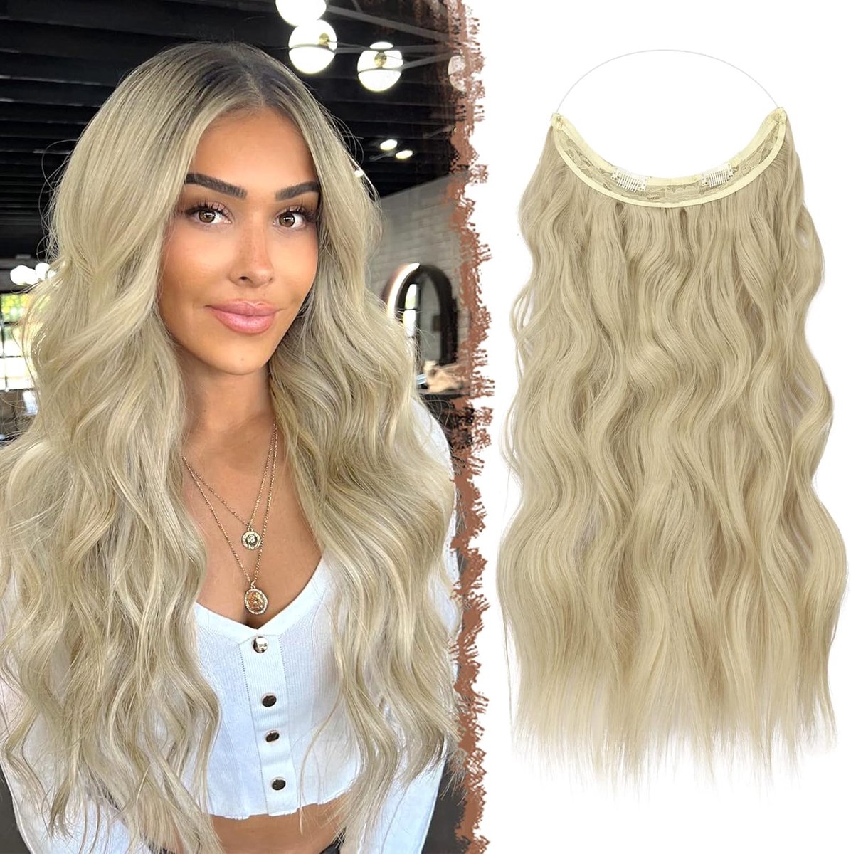 Secret Wire Hair Extensions Onzichtbare Haarverlengingen Krullend Golvend Lang Haarverlenging Synthetisch Haarstukjes voor Vrouwen Meisjes,Ash Blond 40 cm