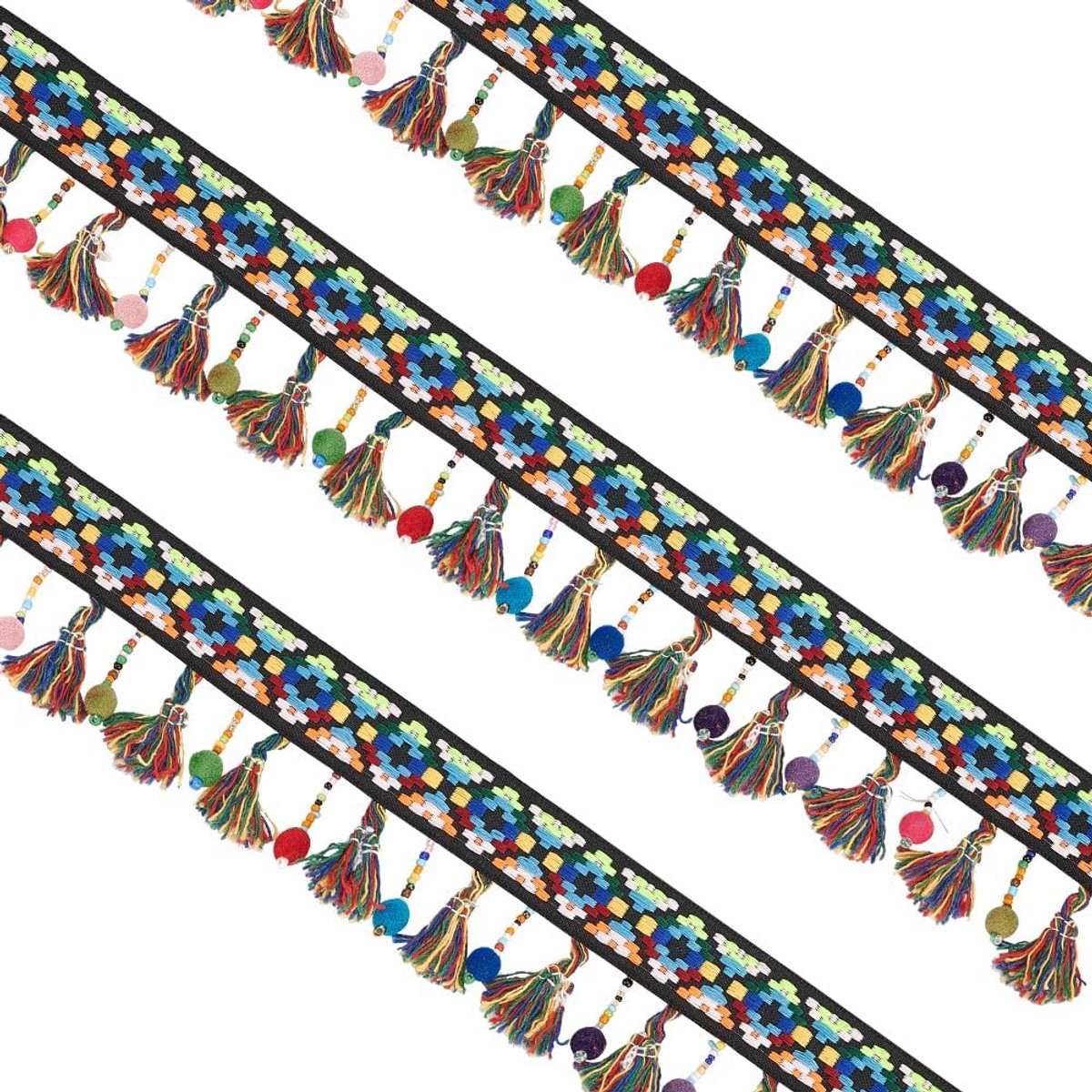 4,5 m Kleurrijke kwastband met pompon kralen 25 mm breed regenboog vlecht jacquard franje lint trim in etnische stijl polyester kwasten kant lint voor zelfgemaakte kleding accessoires