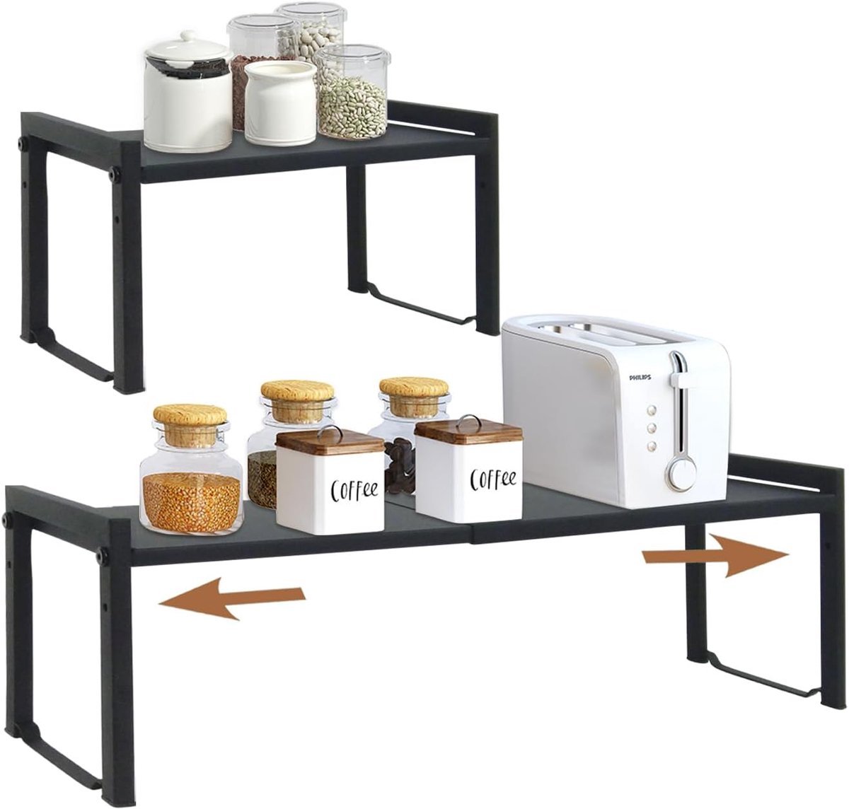 kastrek 35-66 cm, set van 2, zwart M | Stapelbare, verstelbare plank-organizer voor aanrecht, specerijen, voorraadkast, opslag voor keuken en kantoor.