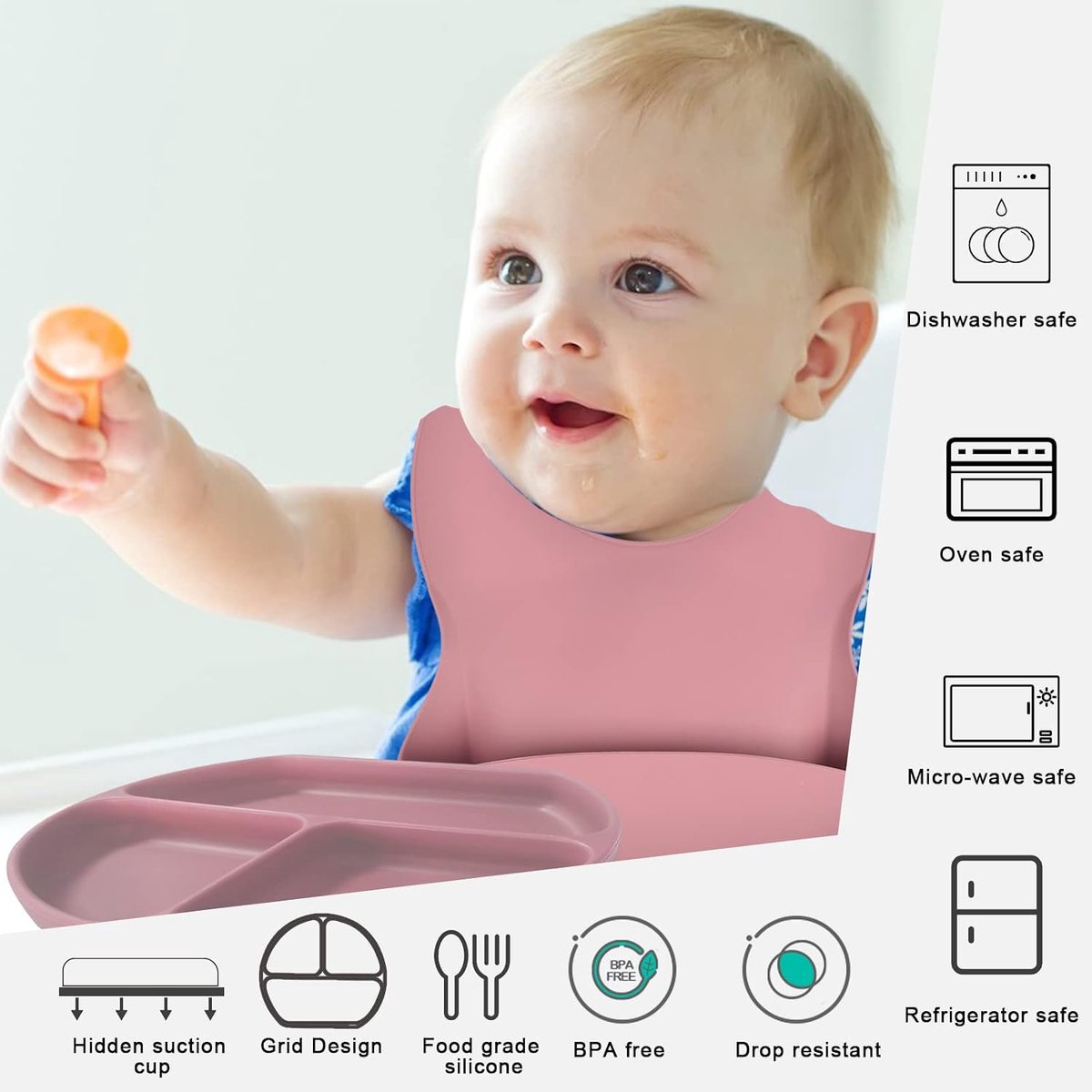 Babybord met Zuignap Kinderbord Meisje Voederset, 5 Delig Babyservies Peuterborden Babyslabbetje Kinderen Keukenset Bamboe Vork Lepel Antislip BPA-vrij, Roze
