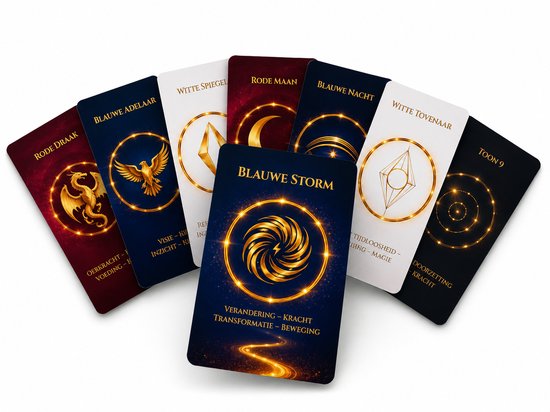Kaartspel met gouden symbolen: rode draak, blauwe adelaar, witte spiegel, rode maan, blauwe storm, zwarte nacht, witte tovenaar.