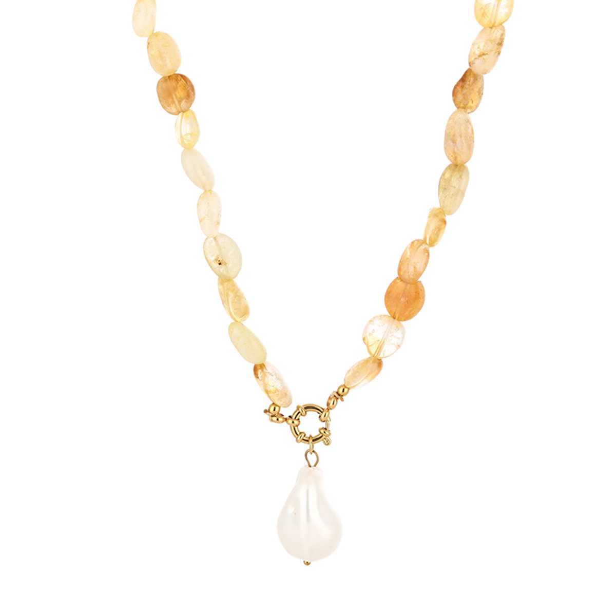 Natural Gemstone Chip Beads Baroque Pearl Chain Necklace – Luxe Kralen Ketting met Parel – RVS - Geel