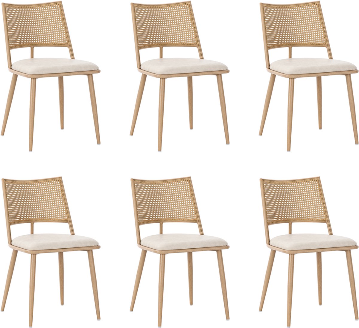 Pugsdrly 6 eetkamerstoelen, PU-zitting, rotan rugleuning, woonkamer, slaapkamerstoel, beige