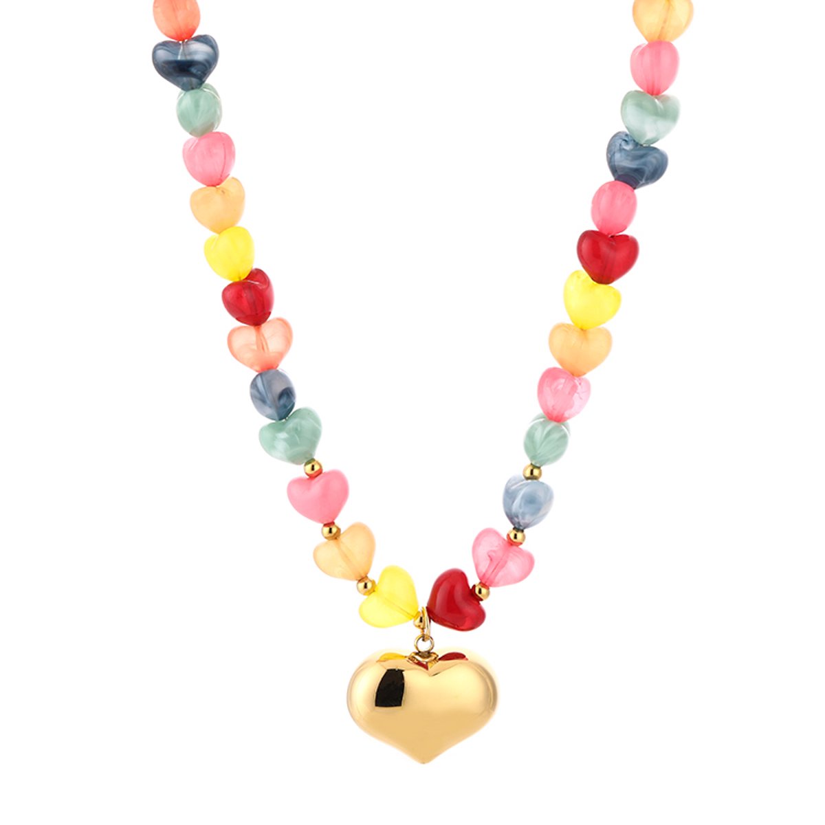 Summer Colorful Resin Heart Beads Chain Necklace – Luxe Zomer Kralen Ketting met Hart – RVS - Multi