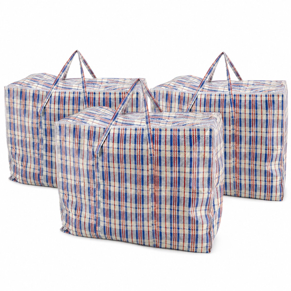 Opbergtas met Rits 150L – 3 Stuks Grote Opbergtassen voor Dekbedden, Kleding en Verhuizen – Big Shopper XL – Boodschappentas met Rits – 70 x 40 x 56 cm – Blauw Wit Rood
