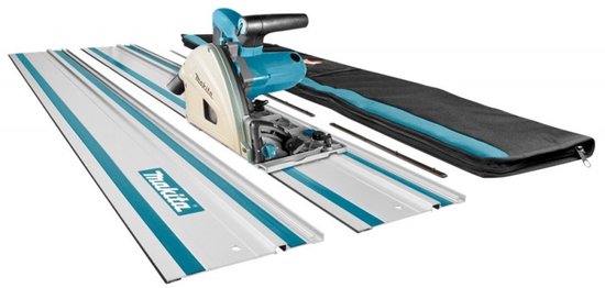 Makita invalcirkelzaag met twee geleiderails en een zwarte draagtas met blauwe accenten.