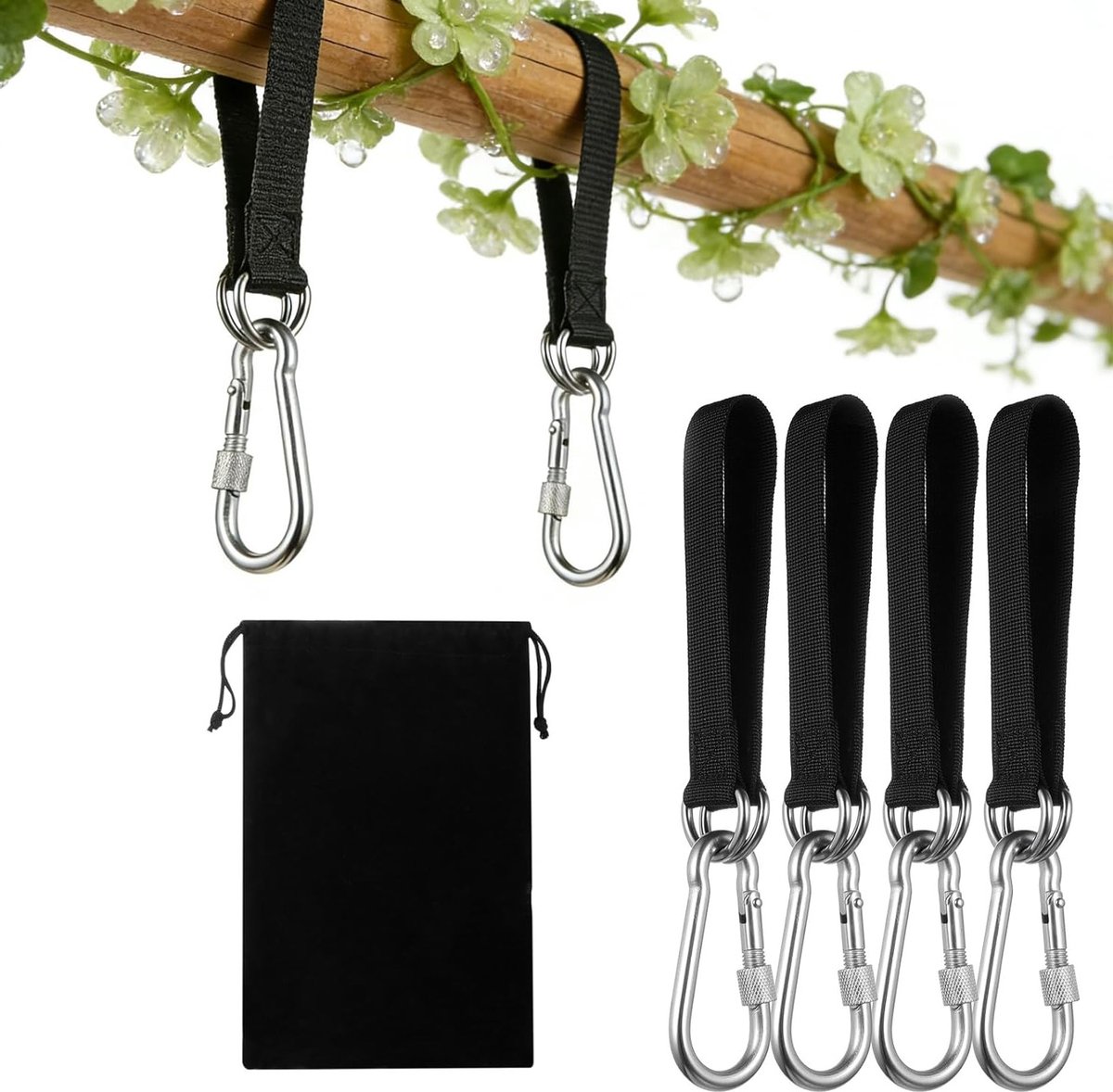 4-delige Hangmat Bevestigingsset met Karabijnhaak en D-Ring, Sterke Straps voor Buitenshuis, Perfect voor Hangstoelen en Schommels