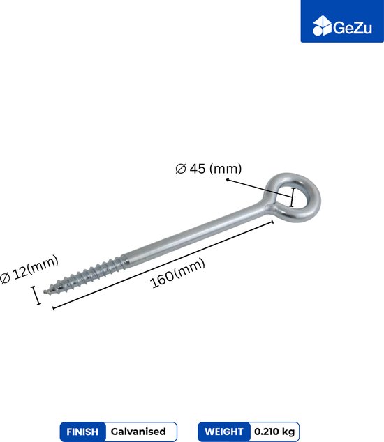 GeZu Impex Oogschroeven 160 mm set van 16 Verzinkt Ringschroef & Schroefoog Lang voor Bevestiging en Ophanging