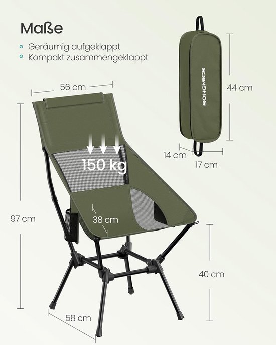 Campingstoel, strandstoel, hoge rugleuning, tuinstoel inklapbaar, in hoogte verstelbaar, stalen frame, tot 150 kg belastbaar, 2 zijzakken, hoofdsteun, reizen, groen — afbeelding 4