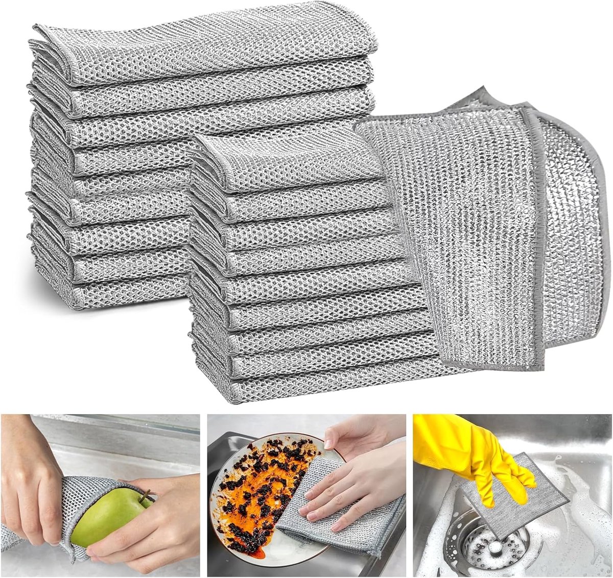 Set van 20 stalen draadreinigingsdoeken - 20x20 cm - Niet-schurende stalen draadreinigingsdoek - Metalen netreinigingsdoek voor keukens, servies, gootstenen, enz. - Geschikt voor de afwas - Zilver