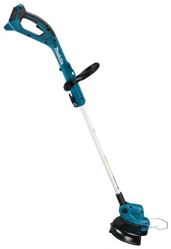 Turquoise Makita grastrimmer met wit handvat en een zwarte handgreep.