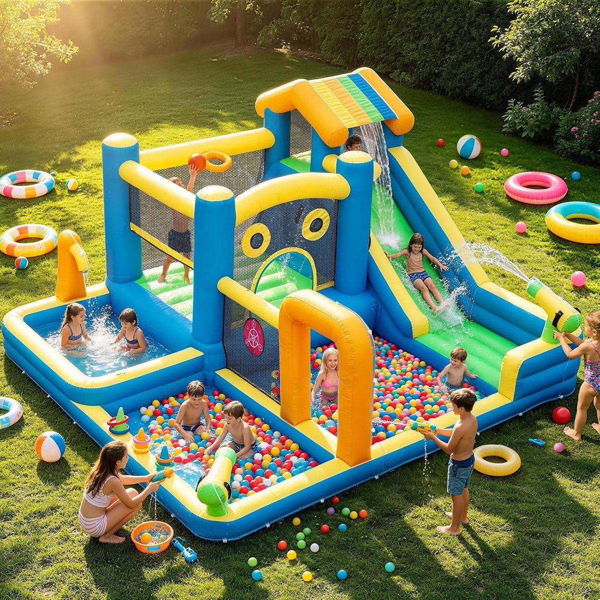 Springkasteel met Waterglijbaan en Blower - Opblaasbaar Waterspeelpark met Klimwand, Springgedeelte, Waterkanon, Sproeiers, Voetbalveld en Basketbalmand - Voor Binnen, Tuin en Buitenspelen - 3 tot 8 Jaar