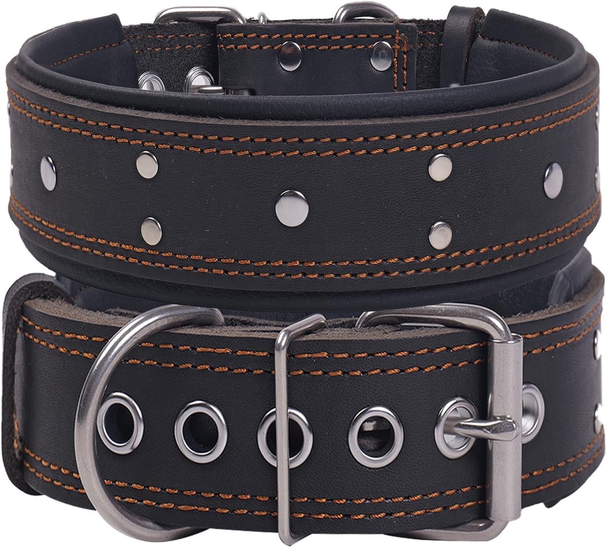SnelShoppen - Hondenhalsband met Klinknagels - Extra Dik Gevoerd - 5 cm Breed - Robuust Zacht Echt Leer - Duurzaam voor Middelgrote, Grote en Zeer Gro