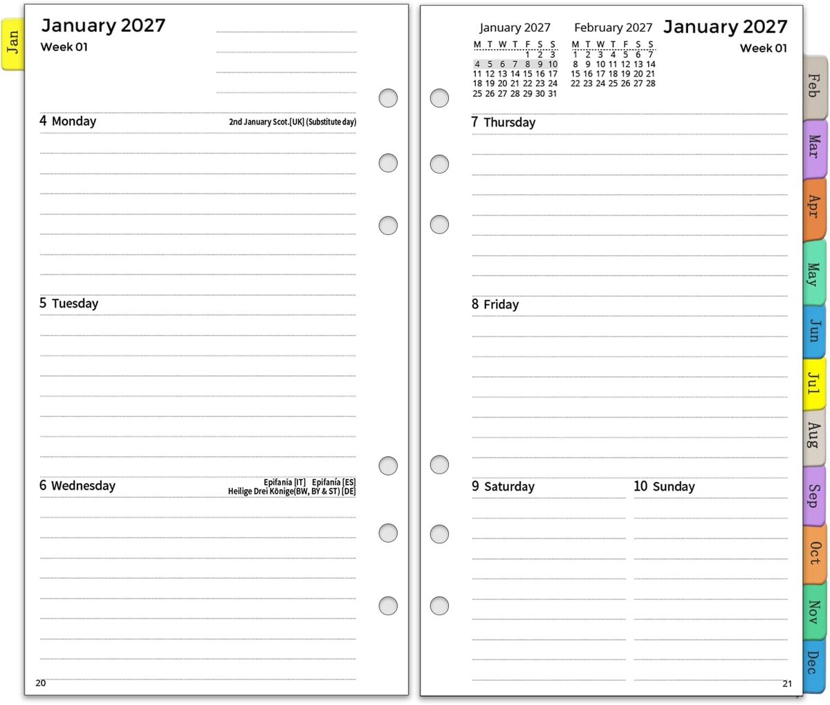 SnelShoppen - YHH 2027 Dagboek Navulling, Persoonlijke Maat, 6 Gaten, Wekelijkse & Maandelijkse Planner Inserts, Week op 2 Pagina's, Notities, Contact