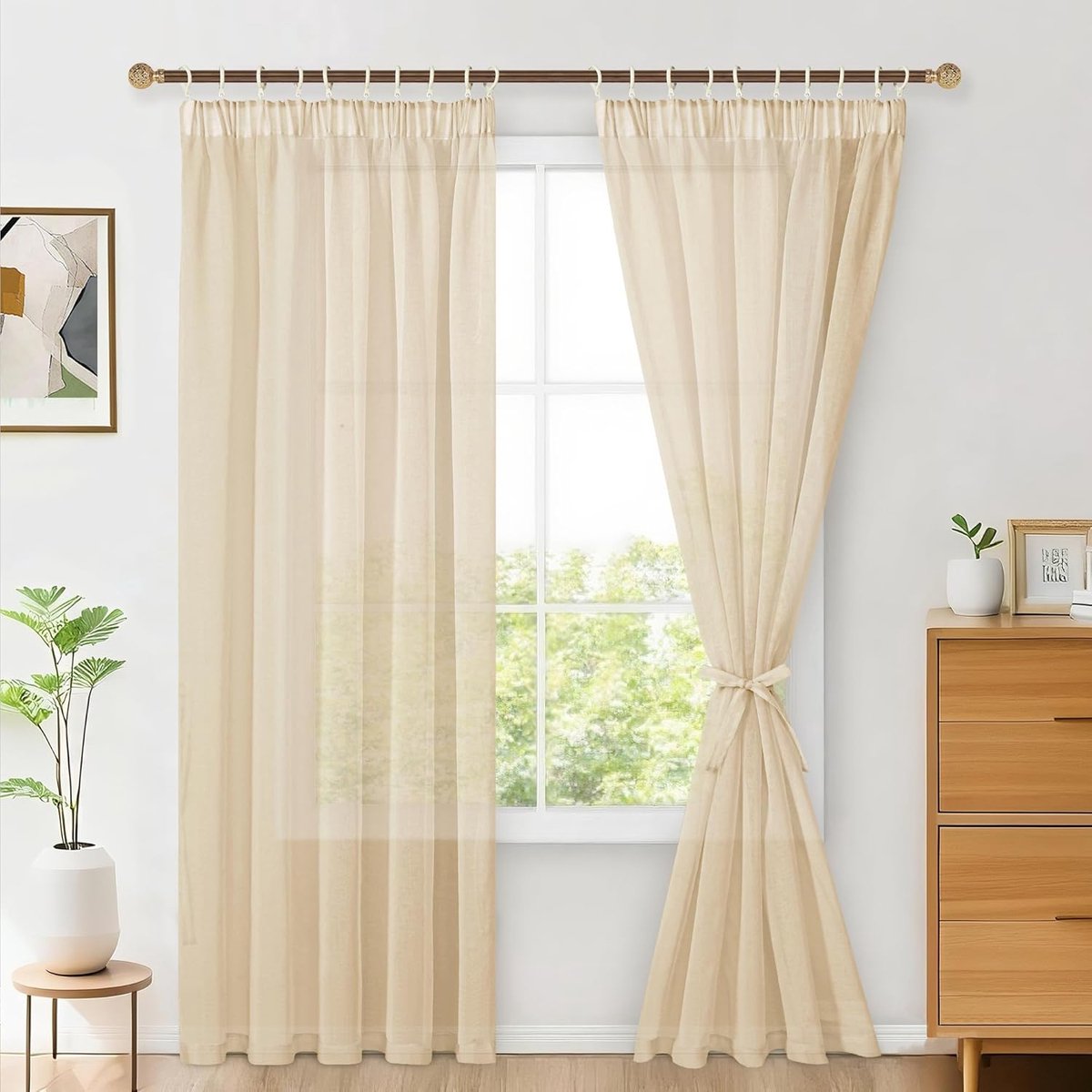 SnelShoppen - Set van 2 Transparante Luchtige Gordijnen met Rimpelband voor Woonkamer en Slaapkamer 245 x 140 cm Beige Decoratieve Gordijnen