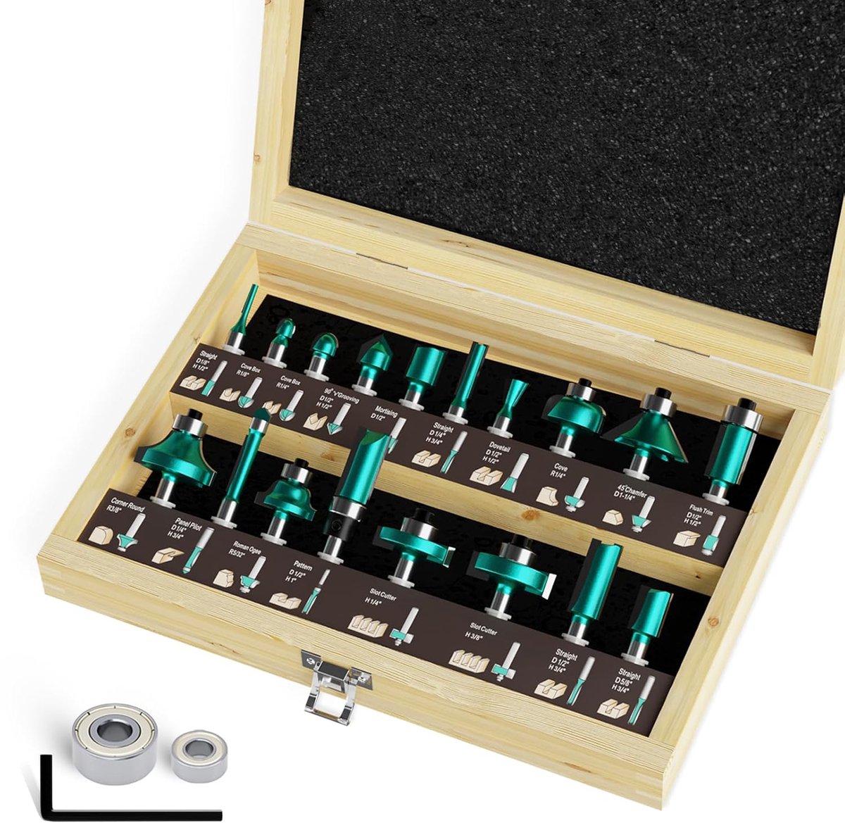 SnelShoppen - 20-delige Professionele Houtbewerking Frees Set met Reserve Lager, Geschikt voor 8mm Schacht, Hardmetaal Snijgereedschap, Houtbewerking