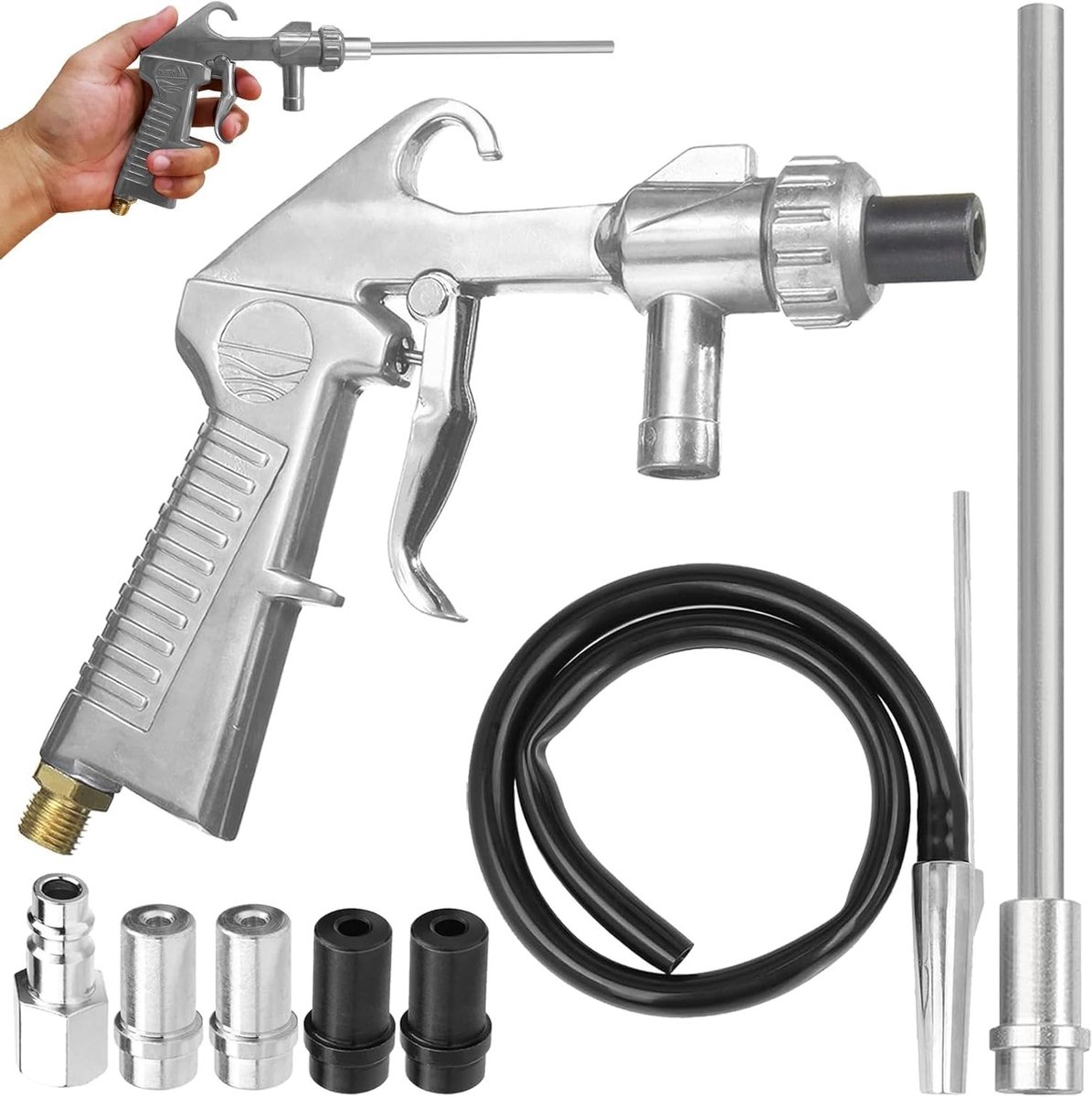 Professionele zandstraalpistool set met lange spuitmond, luchtcompressor en abrasieve middelen voor optimale resultaten