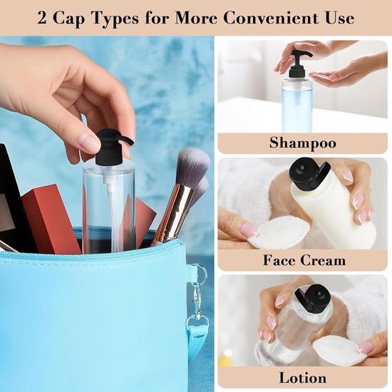 SnelShoppen - 7Pcs Lege Reisflessen Set 250ml met Flip Cap, Push Pomp, Trechter en Etiketten - Herbruikbare Plastic Flessen voor Shampoo, Lotion, Cosm — afbeelding 4