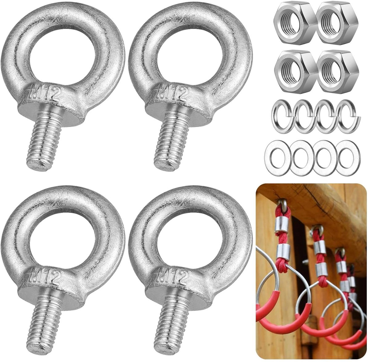 SnelShoppen - 4 Stuks Ring Schroef M12, Ronde Ring Bouten, Waterdichte Hardware Ring Schroeven, Oog Bout voor Bevestigen en Ophangen, Ideaal voor Tuin