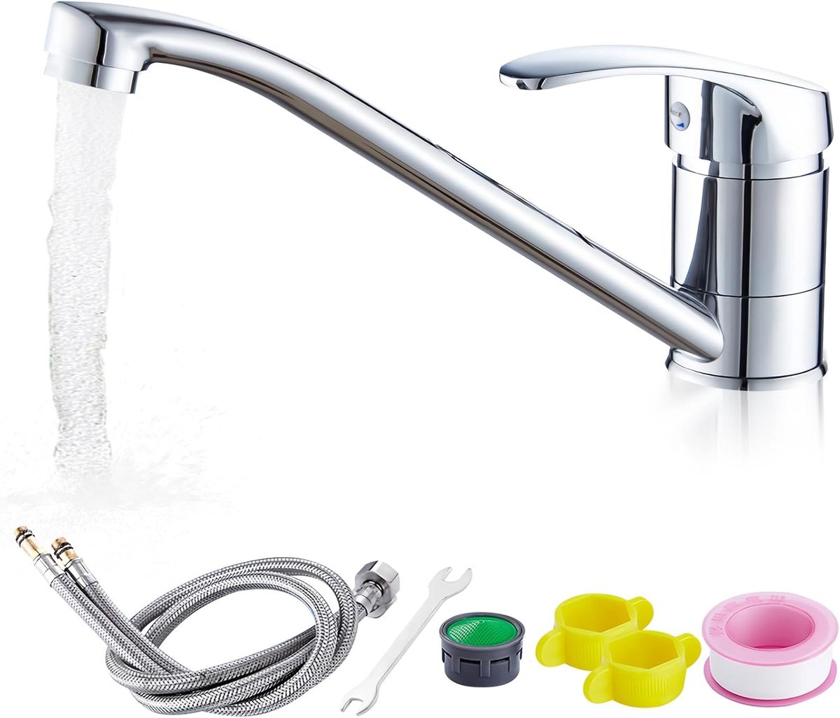 SnelShoppen - 360° Rotatable Keukenkraan - RVS Mengkraan met Keramische Cartridge, Chroom, Enkelhendel, 60 cm Slang, Geschikt voor Dubbele Wasbak