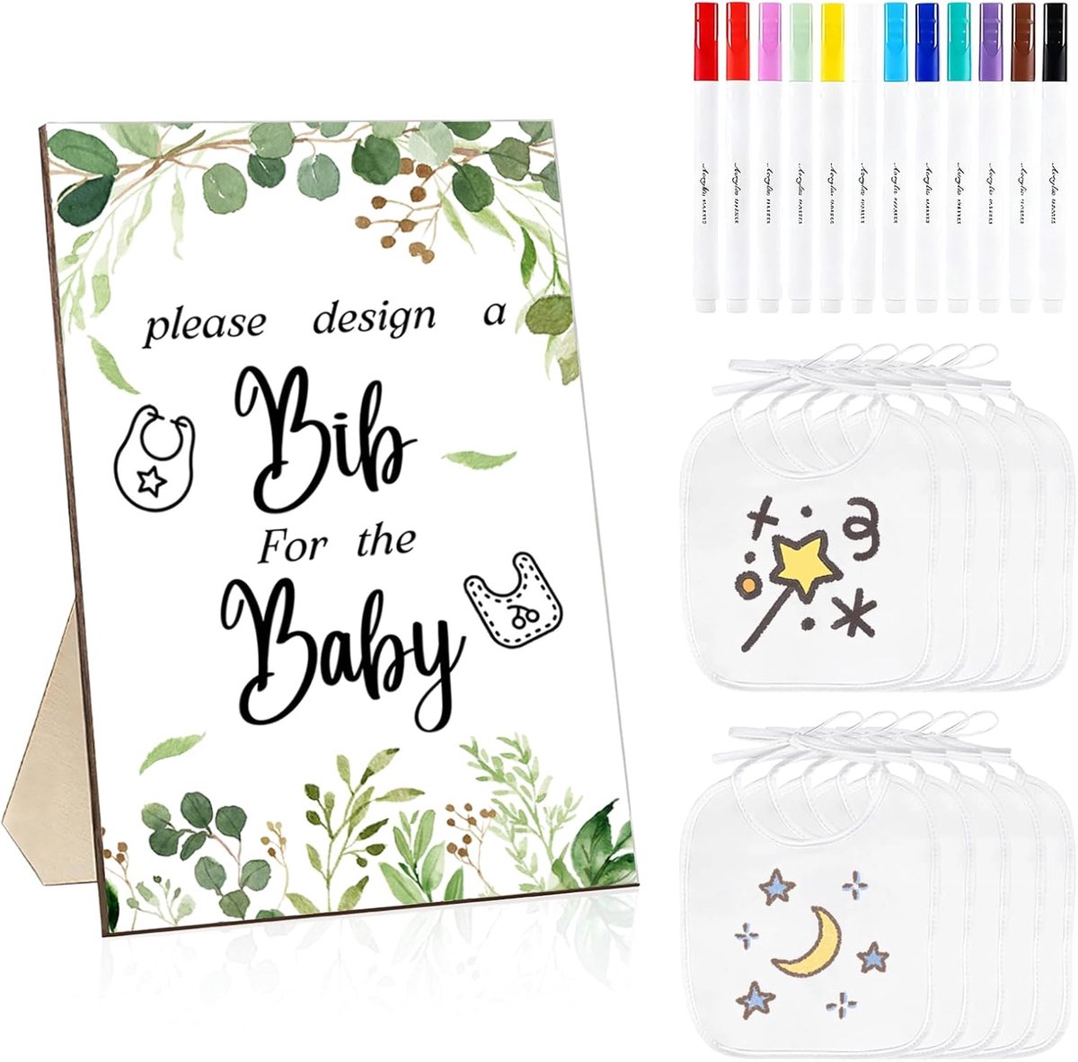 SnelShoppen - Baby Shower Play Set met 20 Witte Slabbetjes, 12 Kleurrijke Textielstiften en 1 Houten Schild - DIY Activiteit voor Gender Reveal en Bab