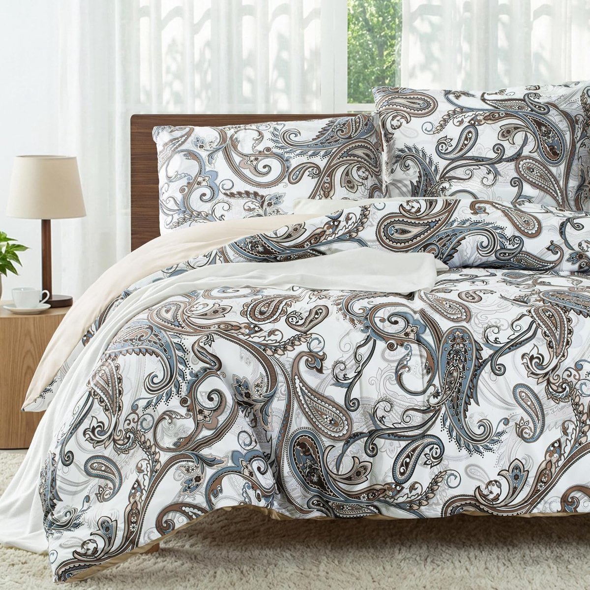 SnelShoppen - Whale Flotilla Dekbedovertrek 135x200 cm, 2-delig met Kussensloop 80x80 cm, Zacht Microfiber, Rits, Grijs Paisley, Geschikt voor Eenpers
