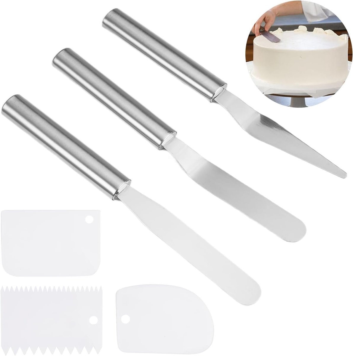 SnelShoppen - Rvs Hoekpalette Set 3 Stuks - Inclusief Taartschep en 3 Kunststof Spatels - Cake Decoratie en Bakgerei voor Feesten en Keuken - Zilver